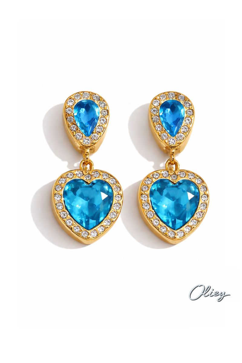 Vintage Elegant Blue Crystal Heart Drop Earrings